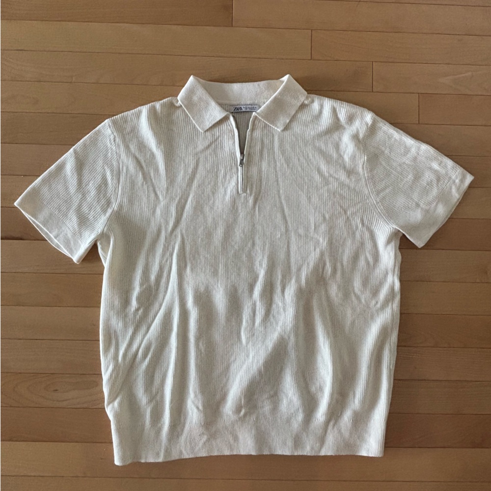 Zara Off-White Knit Top with Zip Collar